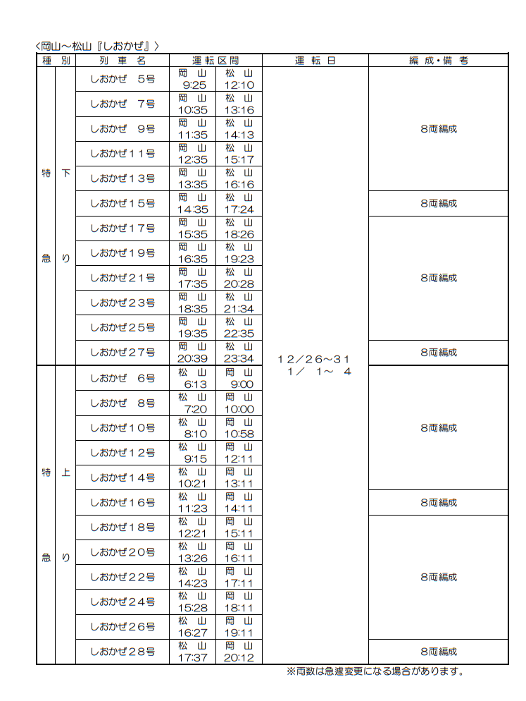 JR四国 冬の臨時列車運転のお知らせ 2025-2026